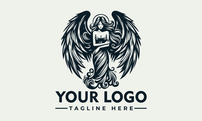 Elegant angel logo design, featuring a woman with wings and floral embellishments.