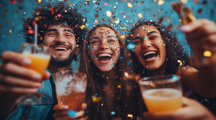 friends celebrating with confetti and drinks