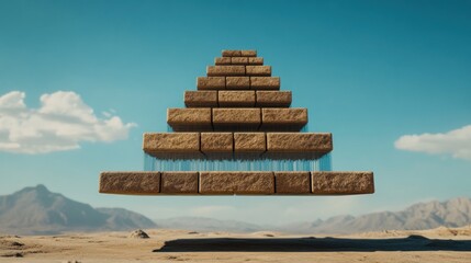 Photo of a stone pyramid floats above a desert landscape under a clear blue sky, evoking ancient mysteries and travel destinations