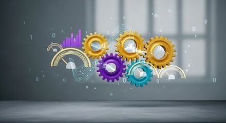 Interlocking gears in gold, purple, and blue are surrounded by abstract data visualizations and gauges