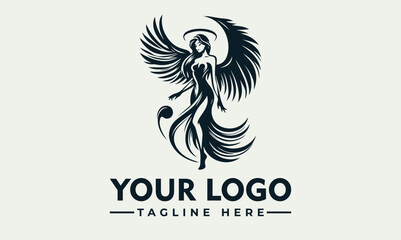 Elegant angel logo design, featuring a woman with wings and floral embellishments.