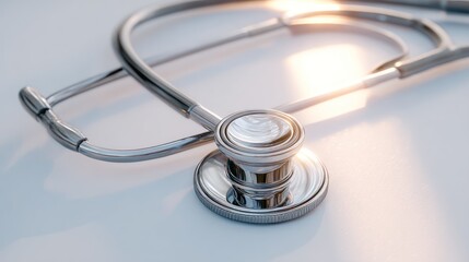 Close-up of stethoscope chest piece and tubing, sharp medical-grade detail, clean white background, soft light reflection on metallic surfaces