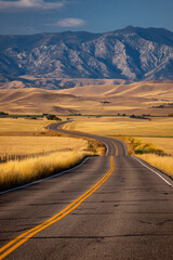 A winding road stretches through golden fields with mountains in the background. The landscape showcases a serene rural setting under a clear blue sky.