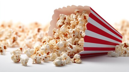 Red and white striped popcorn box tilted sideways with popcorn spilling upward, sharp focus on kernels, isolated on seamless white background, fun and playful energy