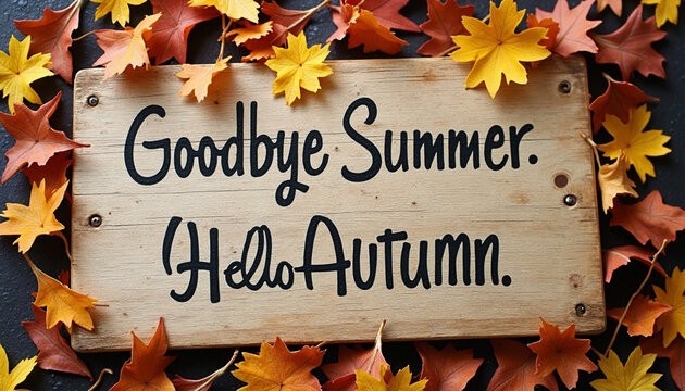 Seasonal transition concept captured with wooden board and fall foliage decorations