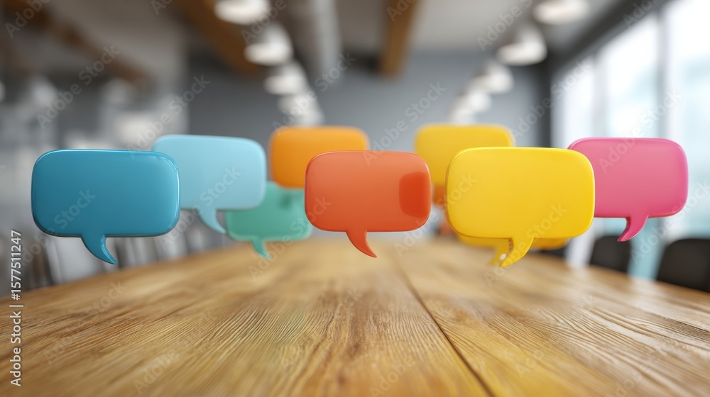 Poster colored speech bubbles hover over a conference table during a discussion in a modern meeting space