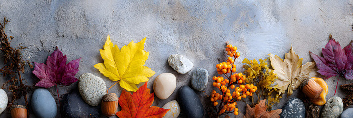 Natural autumn background with colorful leaves, twigs, bark, stones and other natural items on concrete texture. Banner format with copy space.