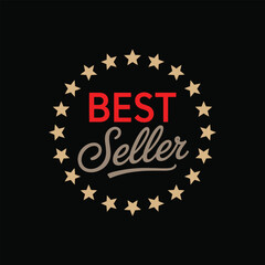Best seller emblem with gold stars, red rays, and bold typography on black background for product ranking, retail promotion, or e-commerce badge