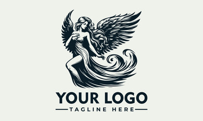 Graphic illustration of a winged woman with flowing hair and dress, a halo above her head.