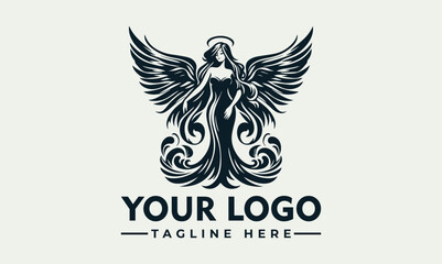 Elegant angel logo design, featuring a woman with wings and floral embellishments.