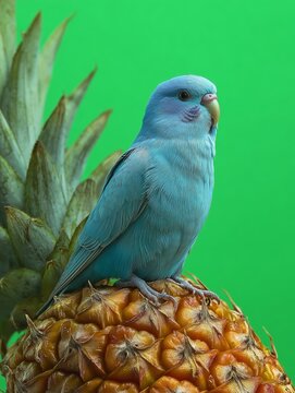 Blue parrotlet perched on top of a ripe pineapple