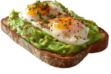 Avocado toast with sunny side eggs and chili flakes for healthy breakfast and food blog use