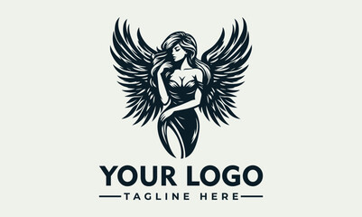 A stylized logo featuring a woman with angel wings, elegant pose, and dark design.