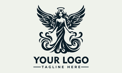 Elegant angel logo design, featuring a woman with wings and floral embellishments.