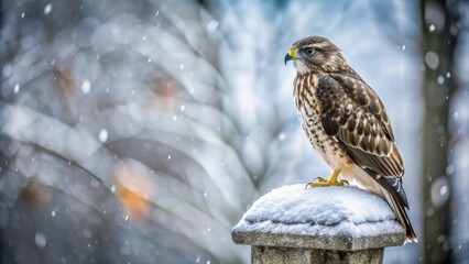 A majestic hawk perched on a snow-covered stone post during a gentle snowfall, amidst a blurred winter landscape