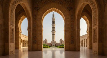 Architectural grandeur featuring intricate arches and the minaret of Sultan Qaboos Grand Mosque
