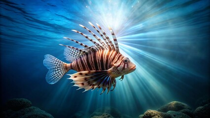 Striking Lionfish Underwater Scene Graceful Aquatic Creature Illuminated by Sunbeams in Vibrant Ocean Depths
