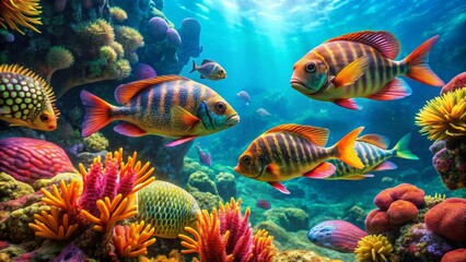 Vibrant Reef Inhabitants A Colorful Underwater Scene Featuring Diverse Fish and Coral