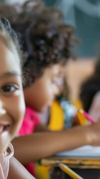 A student with her hair in braids smiles brightly at camera while her classmates work on their lessons in background. They appear to be in classroom setting, focused on their studies.