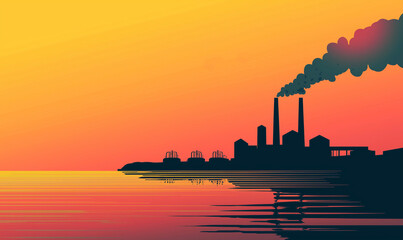 Silhouette of industrial smokestacks against a vibrant sunset reflecting on water, symbolizing pollution and industry.