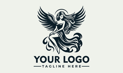 Obraz premium Graphic illustration of a winged woman with flowing hair and dress, a halo above her head.