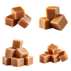 Set of isolates without background featuring delicious caramel cubes perfect for desserts.