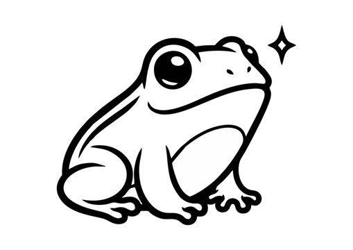 Cartoon frog character sitting comfortably with a content expression with copy space
