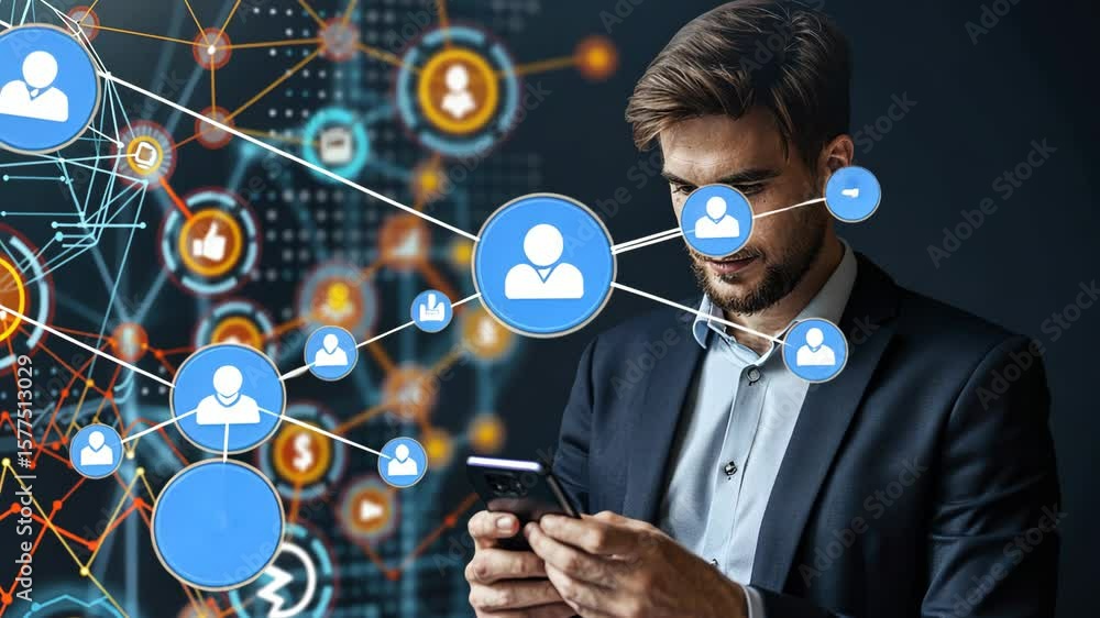 Poster businessman engaged with a mobile smartphone, surrounded by a network connection data icon and a gro