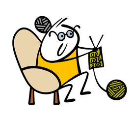 Old lady is sitting in a cozy armchair and knitting socks made of green wool. Vector illustration of homemade home clothes, a gift for Christmas. Grandmother with glasses and gray hair with knitting.