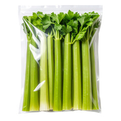 Fresh celery stalks in plastic packaging