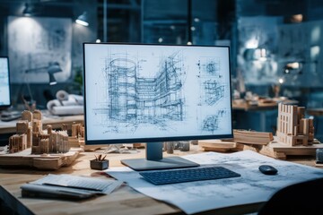 Naklejka premium Architecture design on computer screen, with models and blueprints