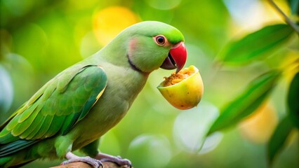 Vibrant green parrot perched on a branch, delicately consuming a piece of ripe, yellow fruit in a lush, verdant natural setting