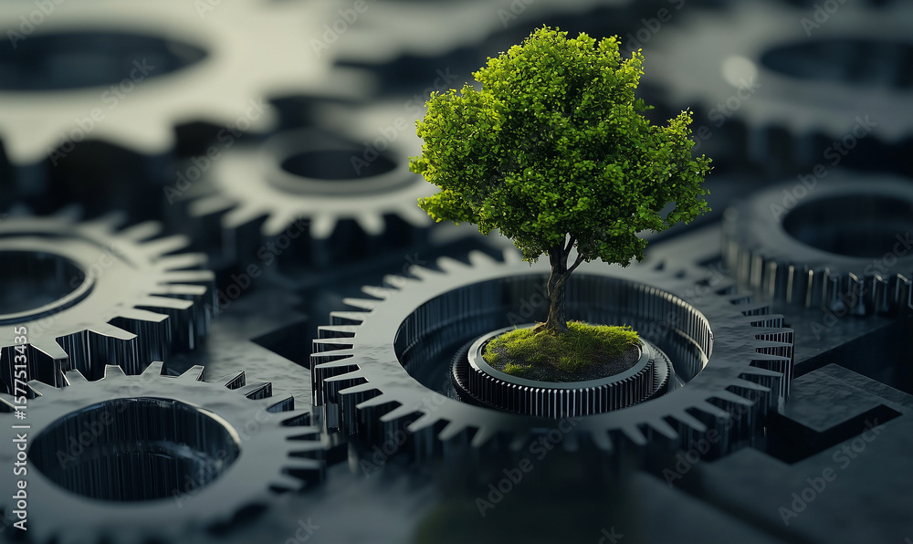 Poster a tree grows from a gear, symbolizing the intersection of nature and technology in a creative and ha