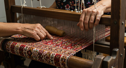 Artisan's hands meticulously crafting a traditional patterned textile on a loom displaying