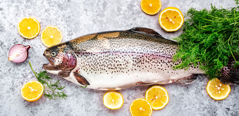 Fresh rainbow trout with lemon, dill, salt and spices on grey table background, ready for cooking, baking or bbq, top view