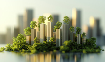 Futuristic cityscape blending nature with urban elements, featuring greenery and abstract structures reminiscent of skyscrapers.