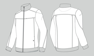 Long sleeve jacket with pocket and zipper technical fashion flat sketch vector illustration template front and back views. Fleece jersey sweatshirt jacket for men's and boys.

