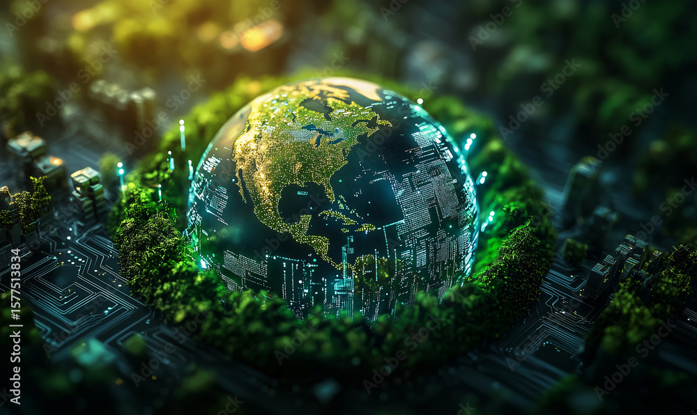 Poster a digital globe surrounded by greenery and circuitry, symbolizing the intersection of technology and