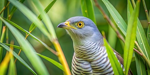 A Vivid Portrait of a Bird Partially Concealed Within Lush Green Foliage