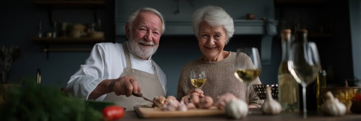 Mature caucasian couple enjoying cooking together in cozy kitchen