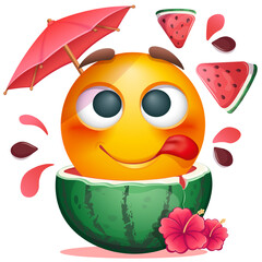 Summer emoji with watermelon cocktail and tropical flowers on white background. Cheerful summer emoticon with cocktail straw and umbrella. Positive vibes, good mood, vacation, travel, holiday concept