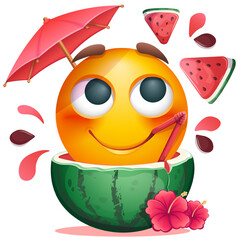 Summer emoji with watermelon cocktail and tropical flowers on white background. Cheerful summer emoticon with cocktail straw and umbrella. Positive vibes, good mood, vacation, travel, holiday concept