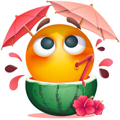 Summer emoji with watermelon cocktail and tropical flowers on white background. Funny summer emoticon with cocktail straw and umbrella. Positive vibes, good mood, vacation, travel, holiday concept