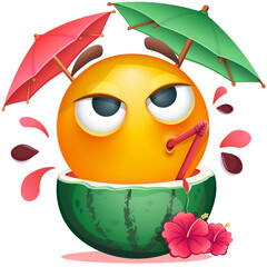 Summer emoji with watermelon cocktail and tropical flowers on white background. Funny summer emoticon with cocktail straw and umbrella. Positive vibes, good mood, vacation, travel, holiday concept