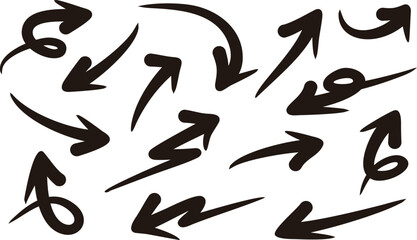 A collection of hand-drawn brush-style arrows in vector format. Perfect for presentations, creative layouts, posters, and user interfaces. Editable and scalable for any design need.