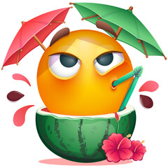 Summer emoji with watermelon cocktail and tropical flowers on white background. Funny summer emoticon with cocktail straw and umbrella. Positive vibes, good mood, vacation, travel, holiday concept
