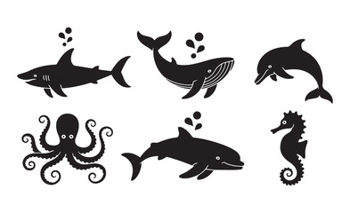 Obraz premium Collection of stylized black silhouettes of marine animals