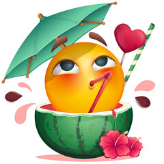 Summer emoji with watermelon cocktail and tropical flowers on white background. Cheerful summer emoticon with cocktail straw and umbrella. Positive vibes, good mood, vacation, travel, holiday concept