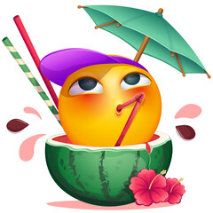 Summer emoji with watermelon cocktail and tropical flowers on white background. Cheerful summer emoticon with cocktail straw and umbrella. Positive vibes, good mood, vacation, travel, holiday concept