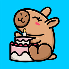 Cute Capybara Celebrating Birthday Flat Illustration